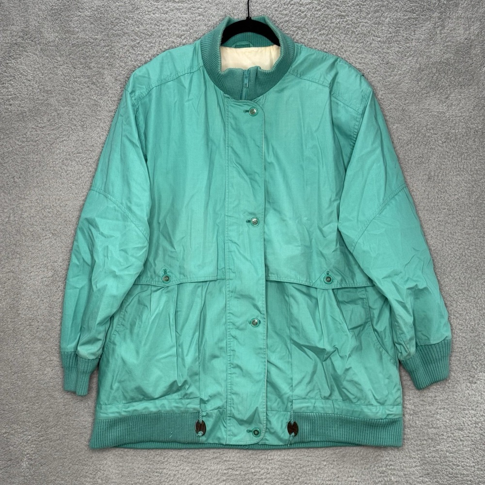 Vtg London Fog Women's Teal Green Lined Coat Jacket Size Large Zip Button Mock